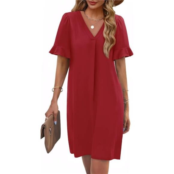 Women's Ruffle Sleeve Dress - V-Neck Summer Shift Dress with Pockets - Picture 2 of 6